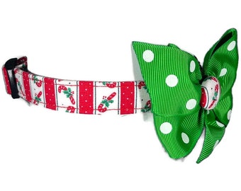 Vintage Holiday Christmas Red Green White Stripes Dog Cat Button Bow Collar ALL SIZES
