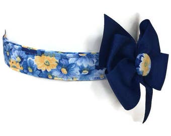 Blue and Yellow Floral Dog Cat Button Bow Collar ALL SIZES