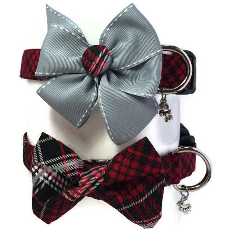 Winters Tartan Plaid Black, Red, and Grey Dog Cat Bow Collar ALL SIZES image 3