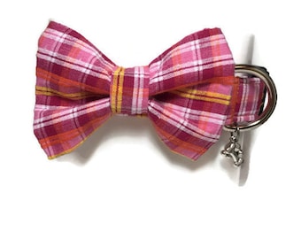 Bright Tropical Pink Orange Madras Plaid Bow Tie Dog Collar ALL SIZES