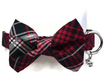 Winters Tartan Plaid Red Black Grey Bow Tie Dog Collar ALL SIZES