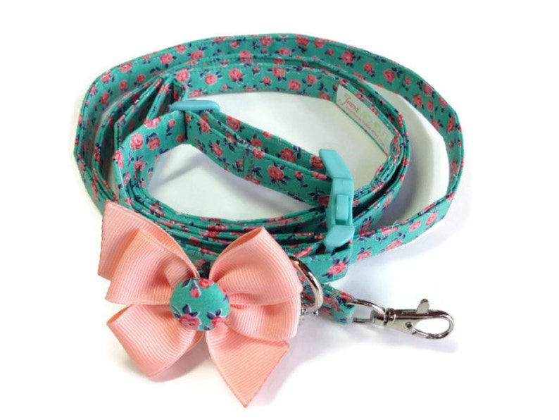 Vintage Style Floral Aqua Peach Dog Leash Set Size Extra Small Etsy
