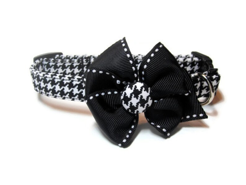 Black and White Herringbone Check Dog Cat Button Bow Collar ALL SIZES image 1