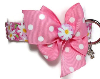 Pink Daisy Floral Polka Dot Button Bow Girl Dog Cat Collar ALL SIZES