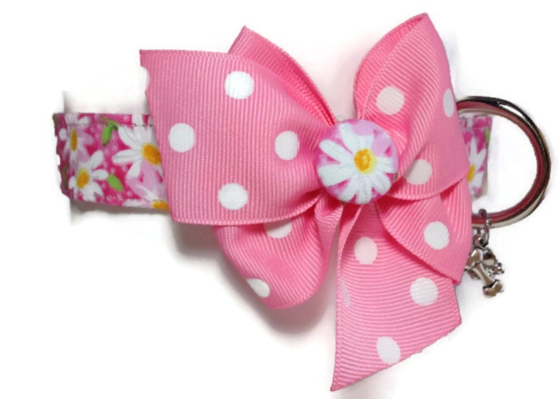 Pink Daisy Floral Polka Dot Button Bow Girl Dog Cat Collar ALL SIZES image 1