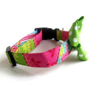 Pink and Green Multi Colored Patchwork Dog Cat Button Bow Collar ALL SIZES image 2