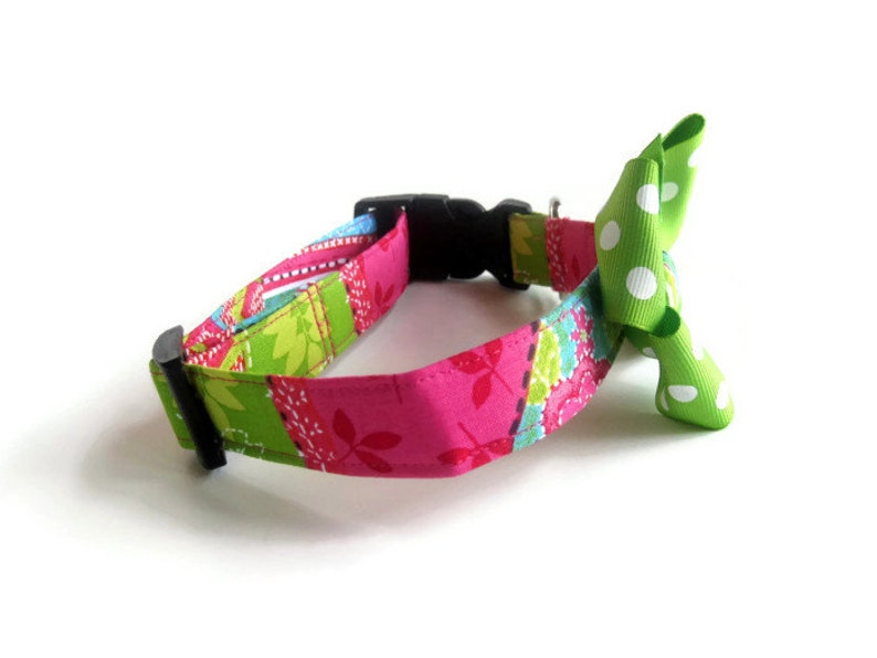 Pink and Green Multi Colored Patchwork Dog Cat Button Bow Collar ALL SIZES image 2