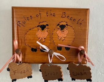 Rules Of The Baaath . Funny Sheep Barnyard Bathroom wall decor. Farmstyle funny quotes plaque. Vintage Bathroom Art. Handmade wood signs