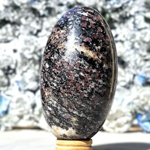 May include: A polished, oval-shaped stone with a speckled pattern of black, white, and red. The stone is mounted on a small, round, wooden base. The stone's surface is smooth and reflective, showcasing its natural colours and textures.