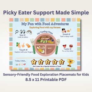 May include: A printable PDF placemat for kids with the text "Picky Eater Support Made Simple." The placemat features a pink plate with food illustrations, a star reward system, and prompts to explore food with senses. Dimensions: 8.5 x 11 inches.
