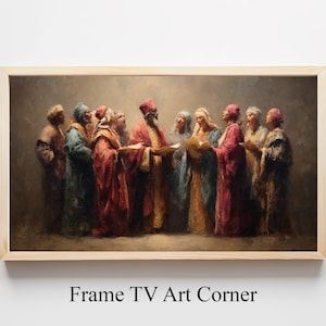 May include: A framed artwork depicting a group of figures in historical attire. The figures are dressed in robes of red, blue, and gold hues. The artwork is displayed in a light-colored wooden frame. The text "Frame TV Art Corner" is at the bottom.