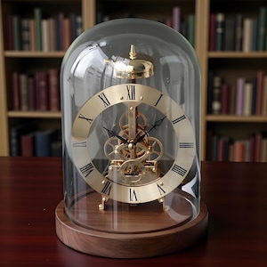 May include: A gold-toned skeleton clock with Roman numerals, encased in a clear glass dome. The clock sits on a round, wooden base. The background features a bookshelf filled with books.