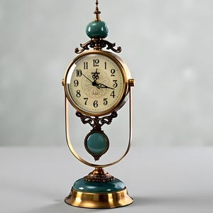 May include: An antique-style desk clock with a round, cream-colored face featuring black Roman numerals and ornate hands. The clock is housed in a gold-toned metal frame with a teal base and accents, and a decorative teal pendant. The clock measures approximately 12 inches tall.