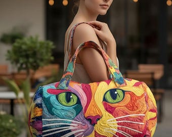Colorful Cat Print Boston Bag – Large Capacity Women’s Shoulder Handbag, Artistic Crossbody Tote, Unique Statement Purse