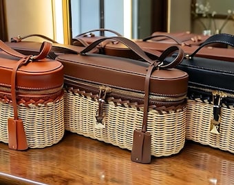 Handwoven Rattan Bamboo Handbag with Leather Trim – Boho Summer Shoulder Tote