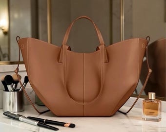 Leather Winged Tote Bag – Large Capacity Shoulder Purse, Minimalist Everyday Handbag