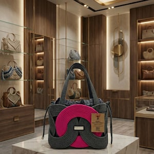 Op de afbeelding: Een grijze en roze handtas met een uniek ontwerp staat op een marmeren oppervlak. De tas heeft een cirkelvormig roze accent en grijs touwachtig materiaal. Andere handtassen worden op planken op de achtergrond getoond, wat wijst op een boetiek.