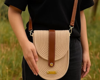 Beige Seil Umhängetasche, Handgemachte Baumwollkordel Schulter Geldbörse, Braune Strap Alltagstasche, Minimalistische Boho Damen Handtasche