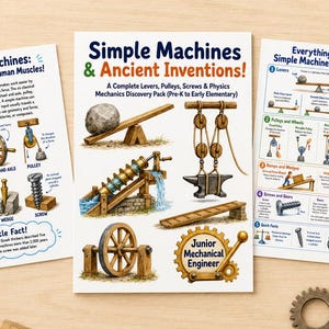 Peut inclure: Trois affiches éducatives intitulées Simple Machines & Ancient Inventions, Simple Machines: Superpowers for Human Muscles et Everything About Simple Machines & Mechanics, illustrant des leviers, poulies et engrenages, avec une règle en bois et deux engrenages en métal.