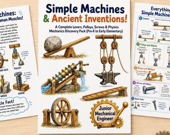 Simple Machines Worksheets for Kids, STEM Printable PDF, Levers Pulleys Gears & Ancient Inventions, Homeschool Science Activities