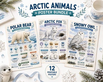 Arctic Animals Printable Poster Bundle, 12 Educational Kids Wall Art Prints, A4 Nursery Classroom Homeschool Decor, Instant Download