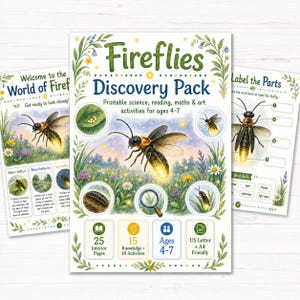 May include: A Fireflies Discovery Pack printable activity set for ages 4-7, featuring illustrations of fireflies, eggs, and larvae in a grassy meadow. The cover includes text, a magnifying glass icon, and details for 25 pages, 15 knowledge and 10 activities.