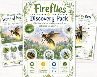Fireflies Discovery Pack Printable, Kids Science Worksheets, Firefly Life Cycle Activities, Preschool Kindergarten PDF