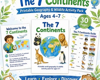 7 Continents Printable Activity Pack for Kids, World Geography Worksheets, Animals Landmarks Oceans, Homeschool PDF Ages 4–7