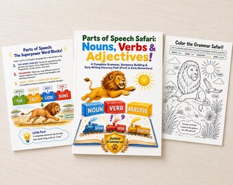 Parts of Speech Safari Printable Grammar Pack | 41 Pages | Nouns Verbs Adjectives Worksheets | Sentence Building | Pre-K–Early Elementary