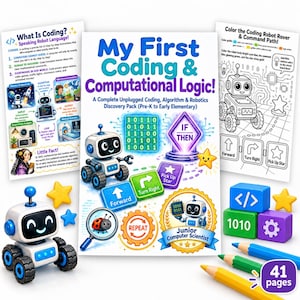 Può includere: Un kit di scoperta My First Coding & Computational Logic con tre fogli di attività stampati, un robot giocattolo bianco e blu, tre blocchi di plastica colorati con icone e tre matite colorate. La copertina presenta un robot, codice binario e testo.