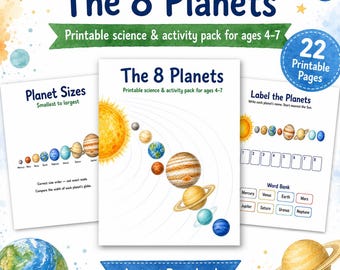 The 8 Planets Printable Workbook for Kids, 22 Page Space Activity Pack, Solar System Science Worksheets, Homeschool Ages 4–7