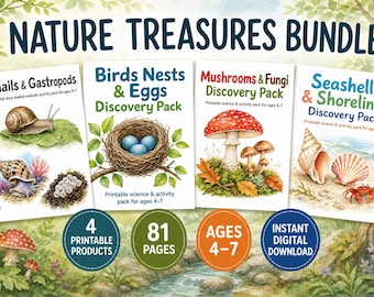 81-Page Nature Science Bundle for Ages 4-7 | Birds, Mushrooms, Seashells & Snails | Preschool Worksheets | Printable PDF