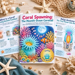 Könnte beinhalten: Ein Coral Spawning: The Moonlit Ocean Carnival Bildungsbuch-Set mit zwei Informationsblättern mit den Titeln What Is a Coral? Living Animal Castles! und Polyp Anatomy: The Tiny Flower-Like Animal! mit farbenfrohen Illustrationen von Korallenriffen.