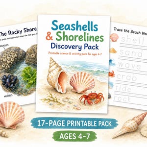 Op de afbeelding: Een 17-pagina tellend printbaar Seashells & Shorelines Discovery Pack voor kinderen van 4-7 jaar, met educatieve werkbladen met illustraties van schelpen, een krab, mosselen en zeepokken, en tekst om strandwoorden over te trekken.