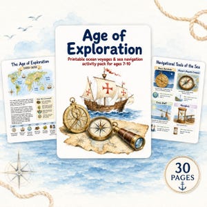 Op de afbeelding: Een printbaar activiteitenpakket getiteld Age of Exploration voor kinderen van 7-10 jaar, met een centrale illustratie van een zeilschip, een koperen astrolabium, een kompas en een telescoop op een kaart, geflankeerd door twee informatiebladen.