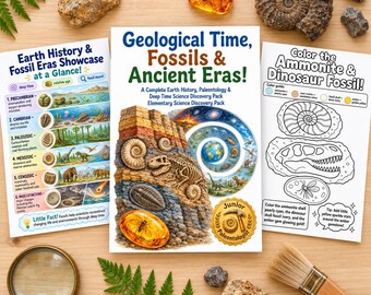 Fichas de geología para niños, material imprimible sobre fósiles y paleontología, actividades sobre el tiempo geológico, ciencias de la Tierra para la educación en casa, paquete de fósiles de dinosaurios.