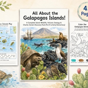 Może przedstawiać: 42-stronicowy pakiet edukacyjny zatytułowany All About the Galapagos Islands! z centralną okładką przedstawiającą wulkan, żaglowiec i dzikie zwierzęta, wraz z arkuszem mapy oraz kolorowanką z głuptakiem i żółwiem.