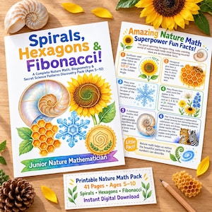 May include: A educational activity pack titled Spirals, Hexagons & Fibonacci featuring illustrations of a nautilus shell, sunflower, honeycomb, and snowflake. Includes a fact sheet titled Amazing Nature Math Superpower Fun Facts and a printable pack label.