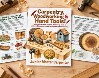 Material imprimible de carpintería y ebanistería para niños / Paquete de actividades de ciencia de la madera con herramientas manuales de 40 páginas / PDF para preescolar y educación en casa