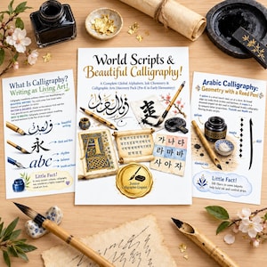 Puede incluir: Un kit de descubrimiento de caligrafía con tres pósteres educativos titulados World Scripts & Beautiful Calligraphy, What Is Calligraphy y Arabic Calligraphy, rodeados de tinteros, plumas de caña, pinceles, pan de oro y pergamino.
