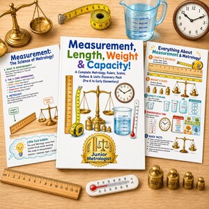 May include: A educational book titled Measurement, Length, Weight & Capacity! A Complete Metrology, Rulers, Scales, Gallons & Units Discovery Pack, flanked by two informational posters, a brass balance scale, a yellow tape measure, and a thermometer.