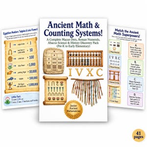 Puede incluir: Un paquete educativo de tres partes titulado Ancient Math & Counting Systems. La página central muestra una tableta de piedra, un ábaco, números romanos, un quipu y un sello dorado. Las páginas laterales muestran jeroglíficos egipcios.