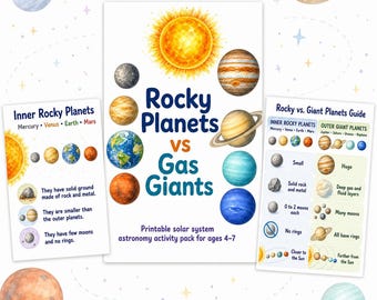 Rocky Planets vs Giant Planets Printable Activity Pack, 30 Solar System Worksheets for Kids Ages 4–7, Space Science Homeschool PDF