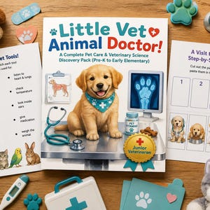 Puede incluir: Un paquete educativo Little Vet Animal Doctor con un cachorro de golden retriever en la portada, acompañado de dos hojas de actividades tituladas Match the Vet Tools y A Visit to the Vet, rodeado de instrumentos médicos de juguete y peluches.