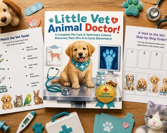 Little Vet Animal Doctor Printable Activity Pack for Kids | Veterinary Science Worksheets | Pet Care Preschool Kindergarten Homeschool PDF