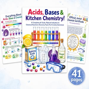 May include: A 41-page educational discovery pack titled Acids, Bases & Kitchen Chemistry! featuring illustrations of test tubes, a pH scale, baking soda, vinegar, a lemon, a beaker with foam, safety goggles, and a molecular model.