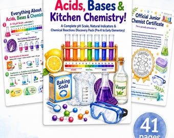 Kitchen Chemistry Printable for Kids | Acids & Bases, pH Scale, Chemical Reactions Worksheets | 41-Page Science Activity Pack