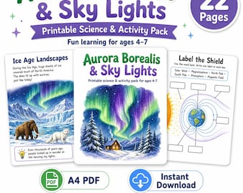 Aurora Borealis & Sky Lights Printable Activity Pack for Kids | Northern Lights Science Worksheets | Ages 4–7 | Instant Download PDF