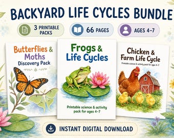 Life Cycles Printable Bundle for Kids Ages 4-7 | Frog, Butterfly and Chicken Science Worksheets | 3 Activity Packs