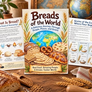 Könnte beinhalten: Ein dreiteiliges Lehrplakat mit dem Titel Breads of the World, das eine zentrale Globus-Illustration zeigt, umgeben von verschiedenen Brotsorten wie Laib, Brezel und Fladenbrot, mit Text zur Geschichte des Brotes und Getreidearten.